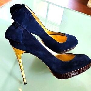 DSQUARED2 New Blue Velvet Peep Toe Textured Gold Stiletto Heels Size 7.5